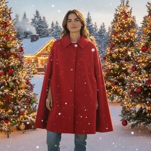 Pendleton 1970s Vintage 100% Wool Red Notched Cape EUC Collar Buttons O/S